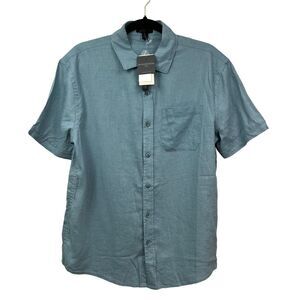 Magaschoni Button Up Shirt Linen Blend‎ Short Sleeve Pen Pocket Blue Men Size S